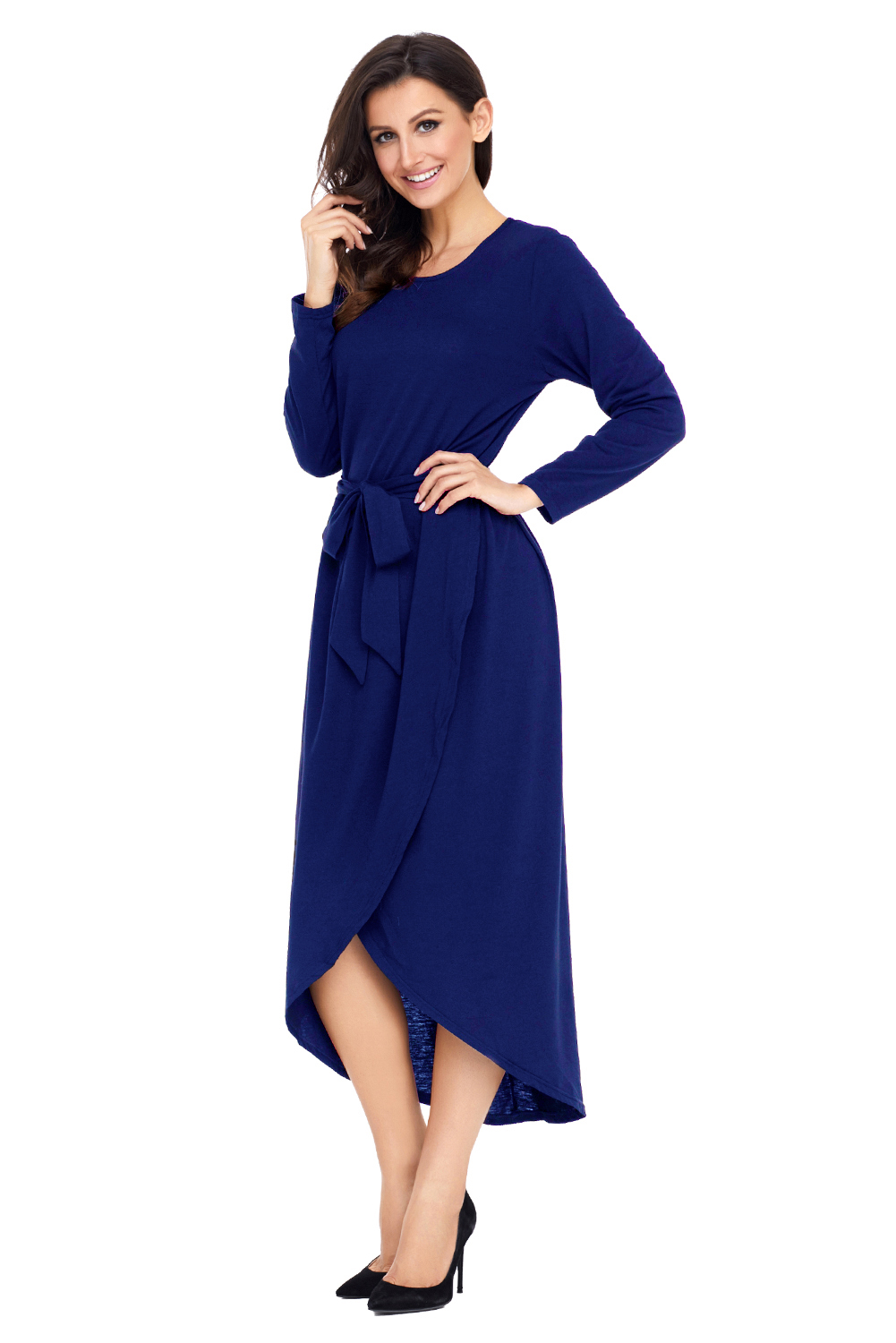 BY61818-5 Navy Tulip Faux Wrap Sash Tie Jersey Dress